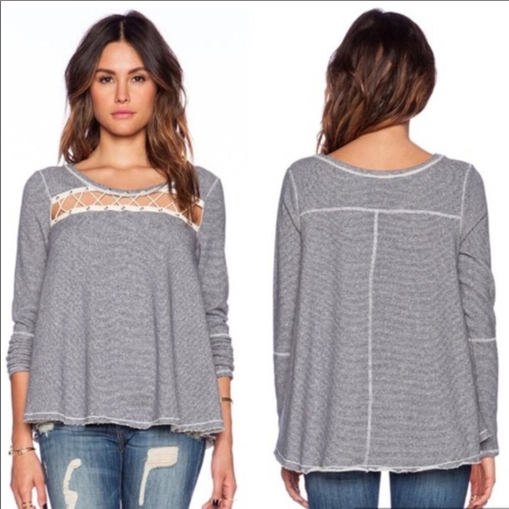 Free People Lacey Love Navy Striped Sweatshirt